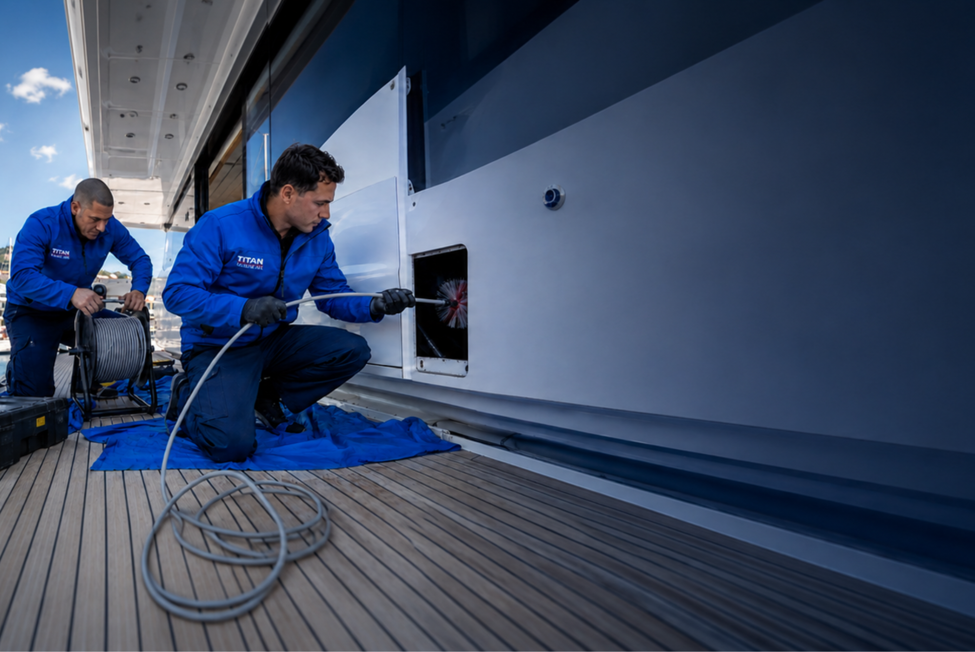 Marine technicians cleaning yacht ventilation ducts