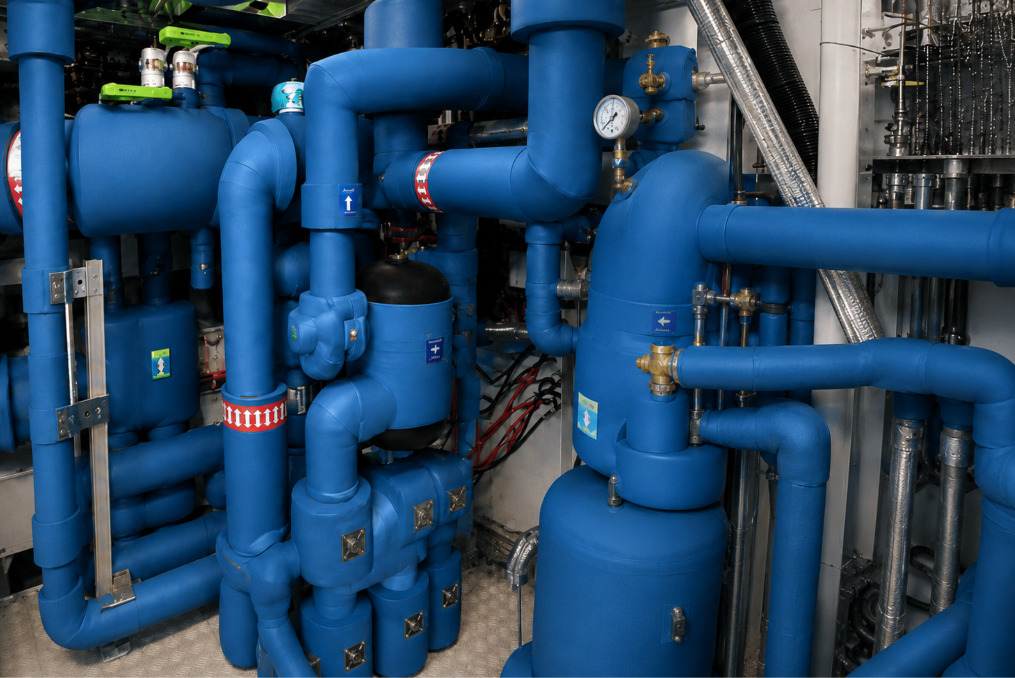 Insulated marine pipework in a yacht machinery space
